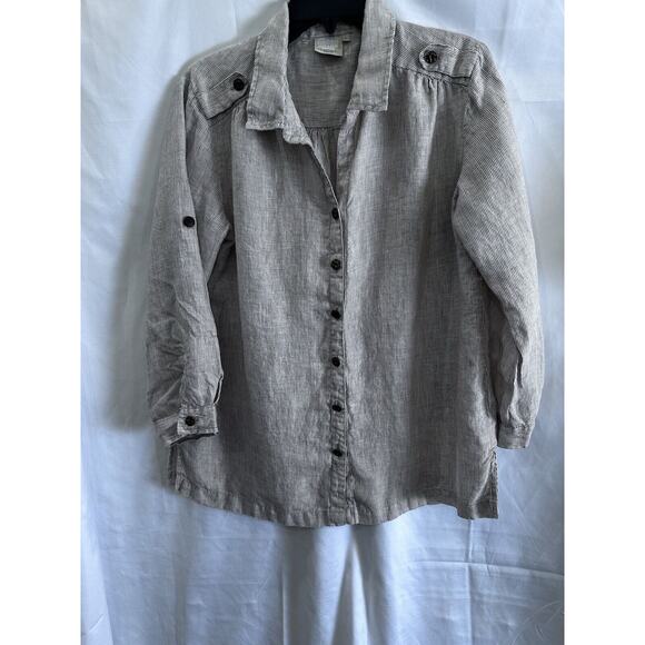 Lantana casual 100 % Linen Button Up Tunic Blouse White/Khaki Pin Stripe - Picture 1 of 16